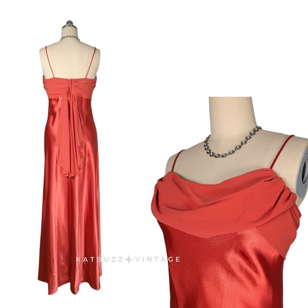 Betsy Adam Prom Dress Maxi Gown 10 Orange Vintage 90s Y2K Fairy Glam Ruffle Cowl